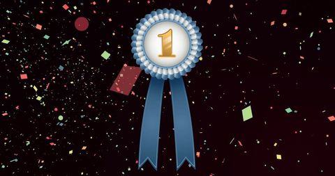 Celebratory rosette with number 1 and falling confetti background