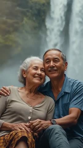 Vertical travel video showing smiling senior couple sharing embrace at misty waterfall, enjoying pea