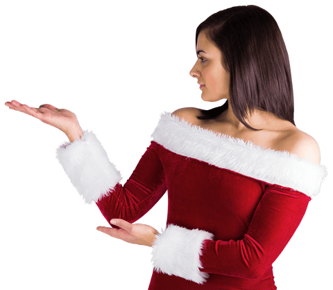 Confident Woman in Transparent Santa Dress Presenting Joyfully