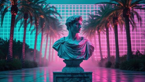 Bust Sculpture in Neon Jungle with Palm Trees and Grid
