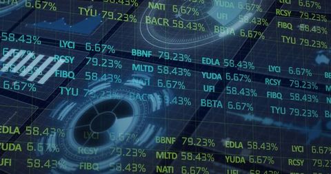 Holographic Financial Dashboard with Neon Stock Tickers and HUD for Fintech Analytics
