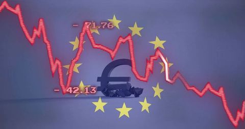 Crumpling euro symbol with jagged red downward graph and eu stars depicting economic crisis