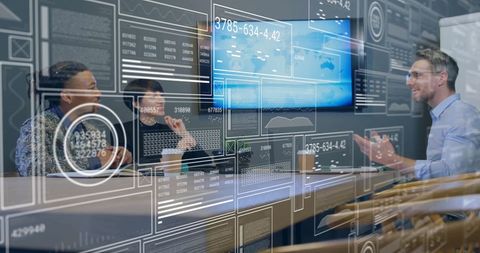Business Team Collaborating in High-Tech Office with Data Display - Download Free Stock Images Pikwizard.com