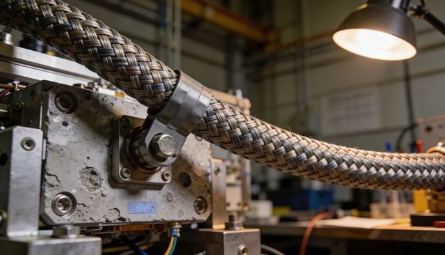 Braided stainless hose running across industrial workbench with heavy duty clamp