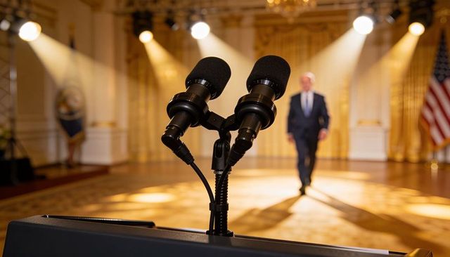 Close-up dual microphones on lectern with blurred speaker approaching lit stage for ceremony