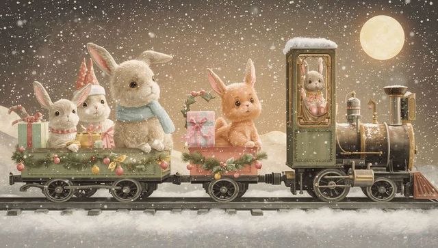 Toy steam train carrying festive bunnies and gifts on snowy moonlit winter night