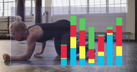 Caucasian Woman Exercising with Fitness Data Overlay in Gym