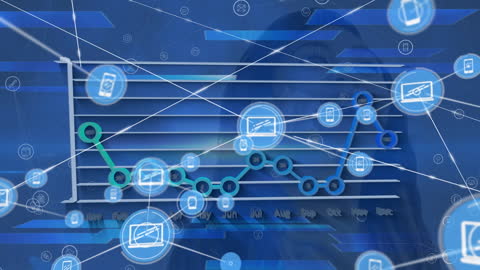 Network of Media Icons with Data Processing Graph