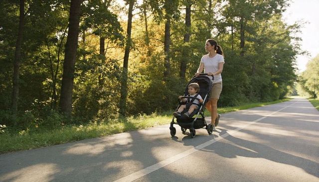 Mother pushing toddler in stroller on sunlit tree-lined path, outdoor family lifestyle