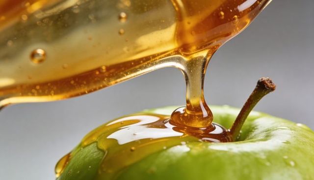 Golden syrup drizzling over glossy green apple macro close-up, sweet glaze detail