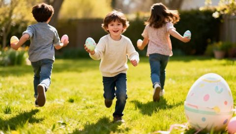 Joyful kids running with pastel easter eggs in sunny backyard during spring egg hunt