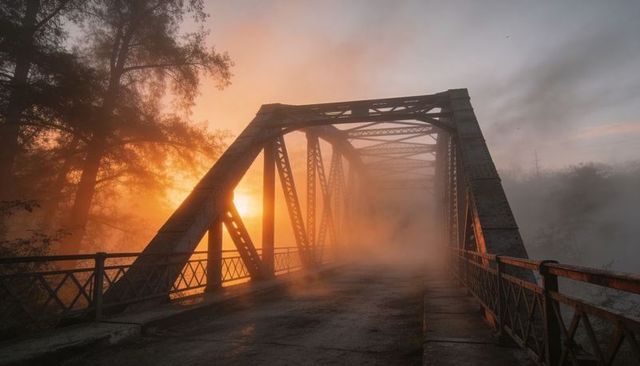 Rusty Steel Truss Bridge Vanishing into Fog at Golden Sunrise Light