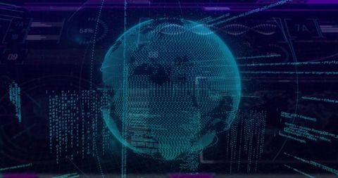 Holographic Data Globe Rotating with Neon Code Streams and Futuristic HUD Interface