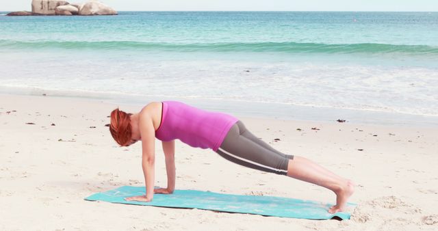 Woman Practicing Plank Pose On Beach During Daytime - Download Free Stock Images Pikwizard.com