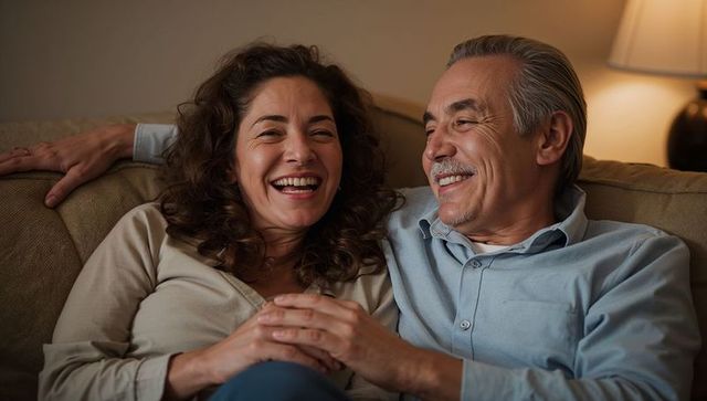 Laughing mature couple sharing intimate cozy evening on sofa with lamp glow and relaxed ambience