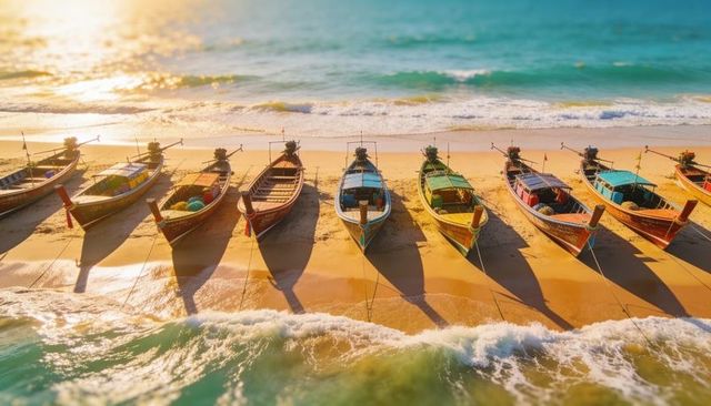 Sunlit colorful long-tail boats lining tropical sandy shore casting long shadows