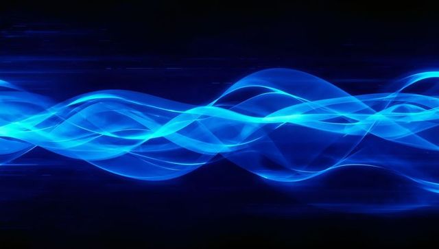 Glowing neon blue waveform ribbons weaving across dark futuristic digital backdrop