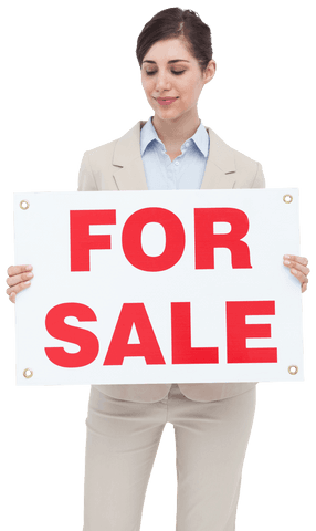 Businesswoman holding transparent for sale sign smiling confident delicately