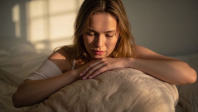 Sunlit woman resting on bed leaning over pillow with window grid shadow warm morning cozy