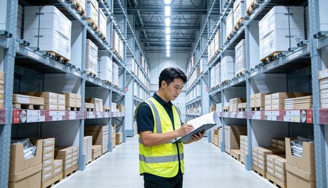 Warehouse worker taking inventory with clipboard in high-rack distribution center