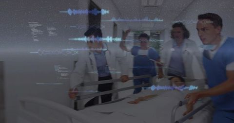 Rushing pediatric emergency team transporting child on gurney in hospital hallway with hud overlay