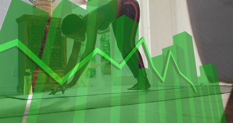 Home workout stretching woman with green performance chart overlay representing growth