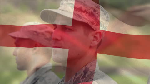 English Flag Overlay on Multinational Soldiers Embracing Diversity