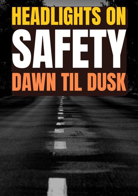 Focuses on promoting the importance of keeping headlights on for safety from dawn to dusk. Ideal for use in traffic safety campaigns, driver education materials, public awareness advertisements, and safety posters.