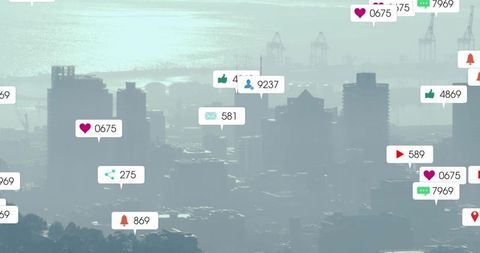 Overlaying social notifications on misty teal coastal skyline with port cranes and skyscrapers