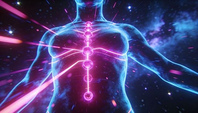 Translucent torso with neon spine and pulsing magenta nodes visualizing energy flow