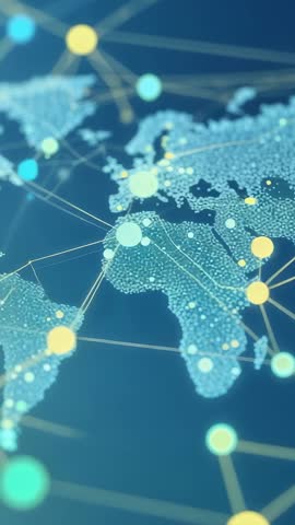 Vertical video showing pulsing global network map visualizing real-time data connectivity