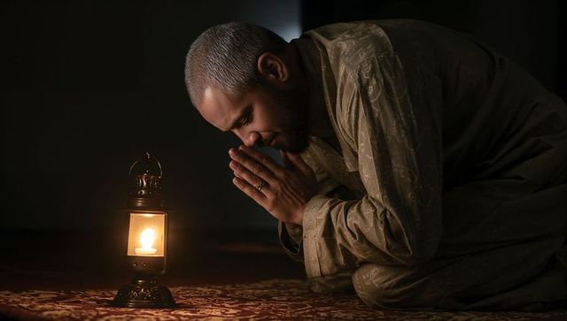 Kneeling man praying by ornate lantern on patterned carpet candlelit contemplation