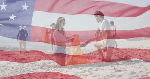 Volunteers cleaning beach with american flag overlay promoting coastal community service