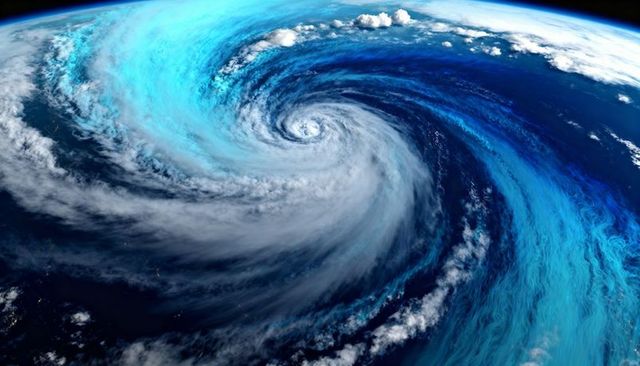 Orbiting View of Cyclone Spiraling Over Open Ocean with Vivid Cyan Atmospheric Bands