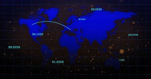 Global data visualization dashboard displaying neon world map with flight arc and telemetry