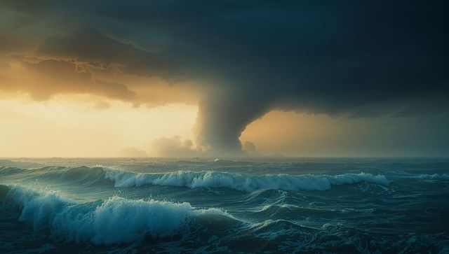 Dramatic Waterspout over Ocean at Sunset