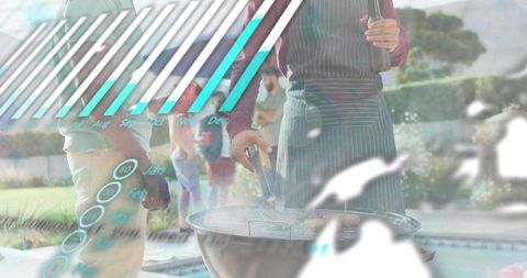 Grilling man in striped apron tending charcoal grill poolside backyard barbecue overlay