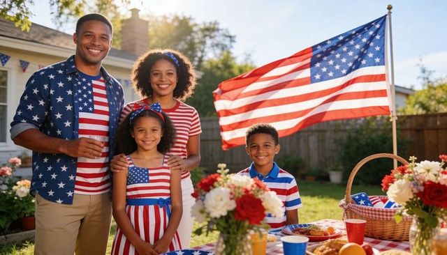 Smiling family celebrating fourth of july backyard barbecue with american flag and picnic