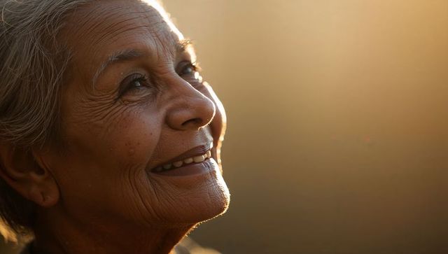 Senior woman gazing upward into warm golden backlight, expressive close-up portrait