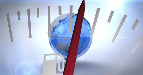 Rotating blue earth with red pointer and fuel gauge infographic for global energy