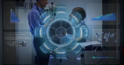 Clinician consulting young patient with futuristic medical hud and data visualizations