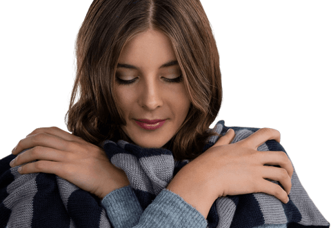 Young Woman Hugging Scarf with Peaceful Expression on Transparent Background - Download Free Stock Videos Pikwizard.com