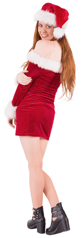 Festive Redhead Smiling in Red Velvet Holiday Attire Transparent Background