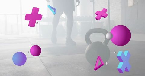 Sitting kettlebell with backlit athlete silhouette and neon 3d shapes on gym floor