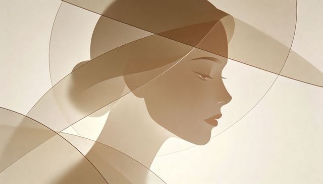 Tonal minimalist portrait woman wearing sheer wide-brim hat, low bun, geometric circles