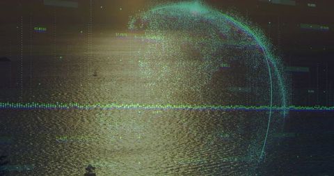 Sunlit ocean data visualization with holographic waveform and particle arc above horizon