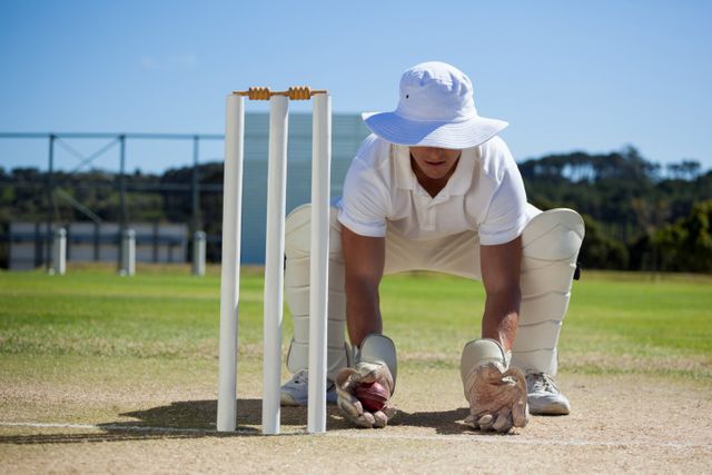 Wicketkeeper holding ball behind stumps against blue sky on sunny day