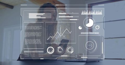 Woman Holding Smartphone and Analyzing Data on Laptop with Futuristic HUD Overlay