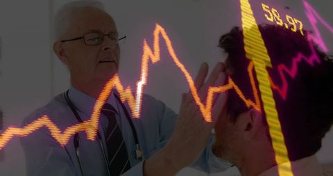 Physician conducting neurological exam with neon stock market chart overlay