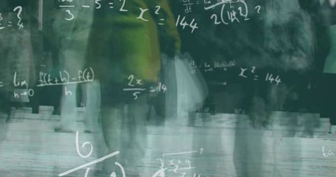 Students Walking Through School and Blackboard Equations Overlay